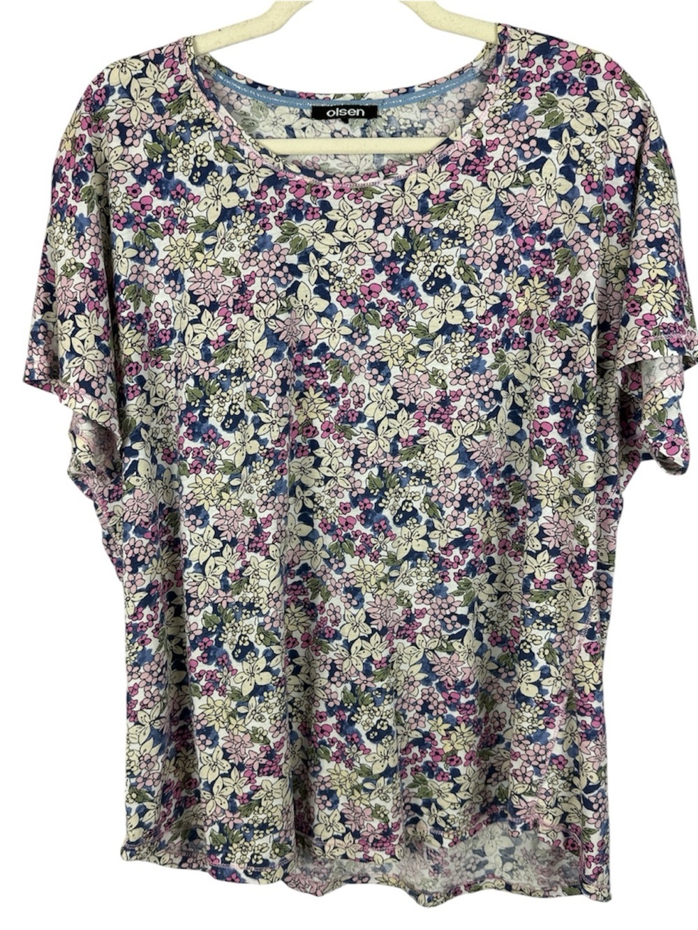 Olsen Ditsy Floral Print Short Sleeve Top Knit Tee Blue Pink Large